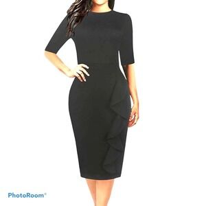 Oxiuly Black Pencil Dress with Front Ruffle NWT